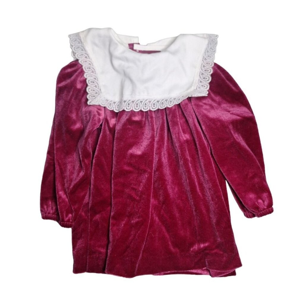 Sweet Liberty Velvet Dress Girls Size 4T Dark Pink Long Sleeve White Lace Collar